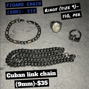 Cuban link chain, Figaro bracelet, signet ring, and middle finger ring